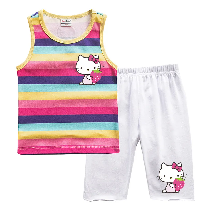thumbnail image 1 of Hello Kitty-Chaleco a rayas de algodón para niñas, traje exterior informal para niños, cuello redondo sin mangas y pantalones cortos, conjunto de dos piezas, novedad de verano, 1 of 5