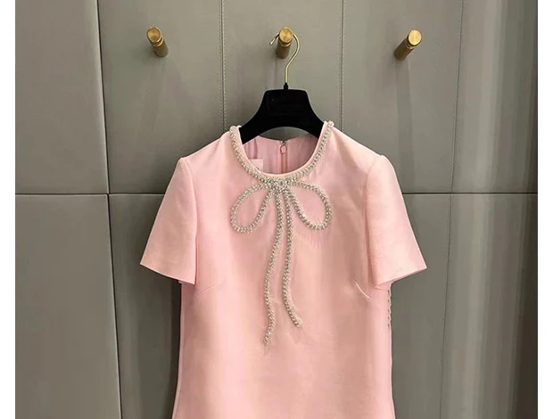 Fashion Short Dress Hotsweet Diamond Beading Bow Solid Color O Neck Elegant A-line Dresses Women 2025 Spring Summer 23A9653