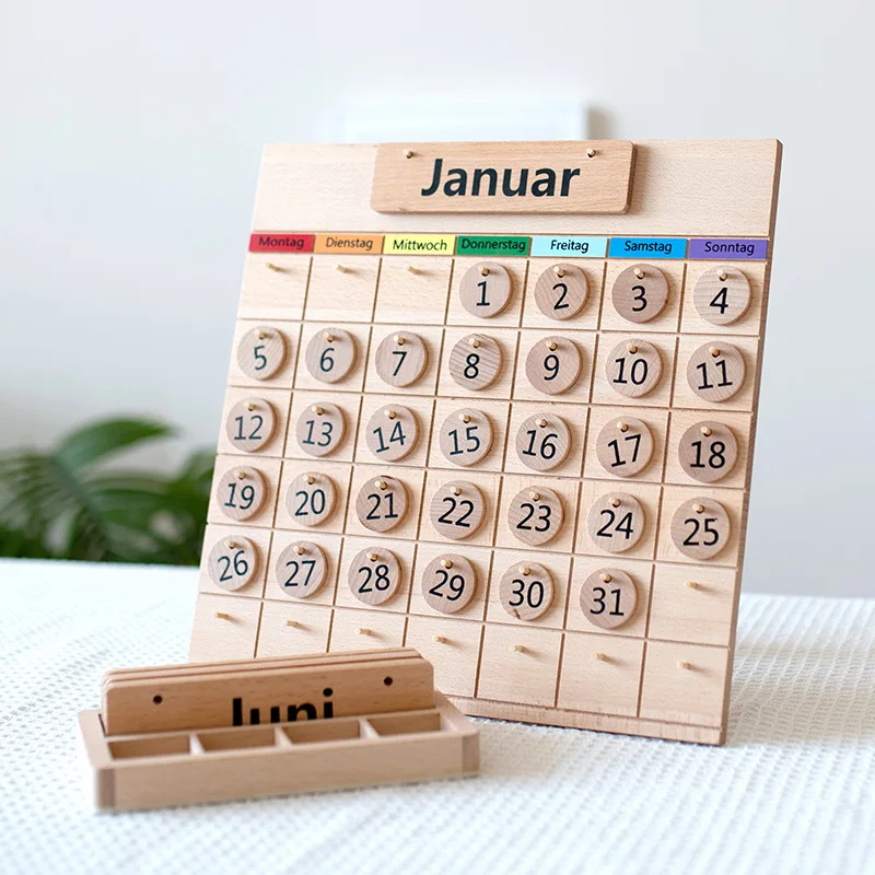 Montessori Wooden German Calendar Learning Toys Children Early Education Beech Calendar Set Time Cognition Parish Teaching Aids 3