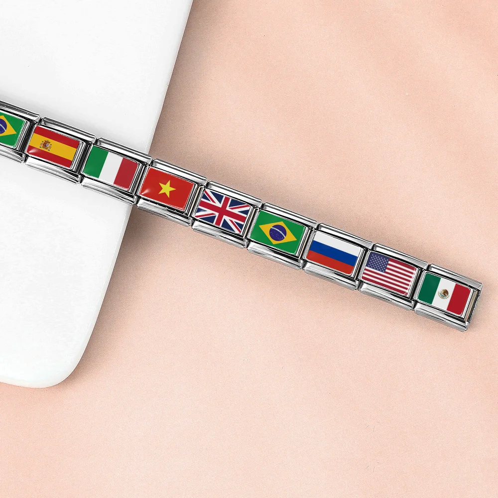 Stainless Steel Bracelet Classic World National Flag Italian Charm Link Fit 9mm Fashion Women Men Jewelry DIY Bead Making