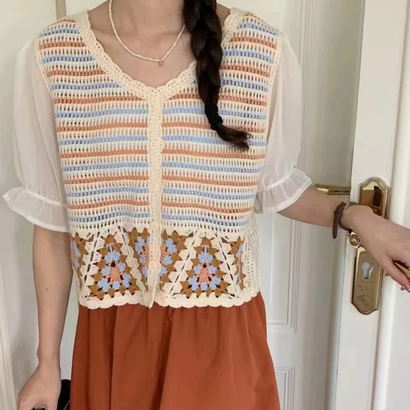 All-matching Crochet Knit Top for Women Short Sleeve T-shirt Hollow Out Blouses P8DB
