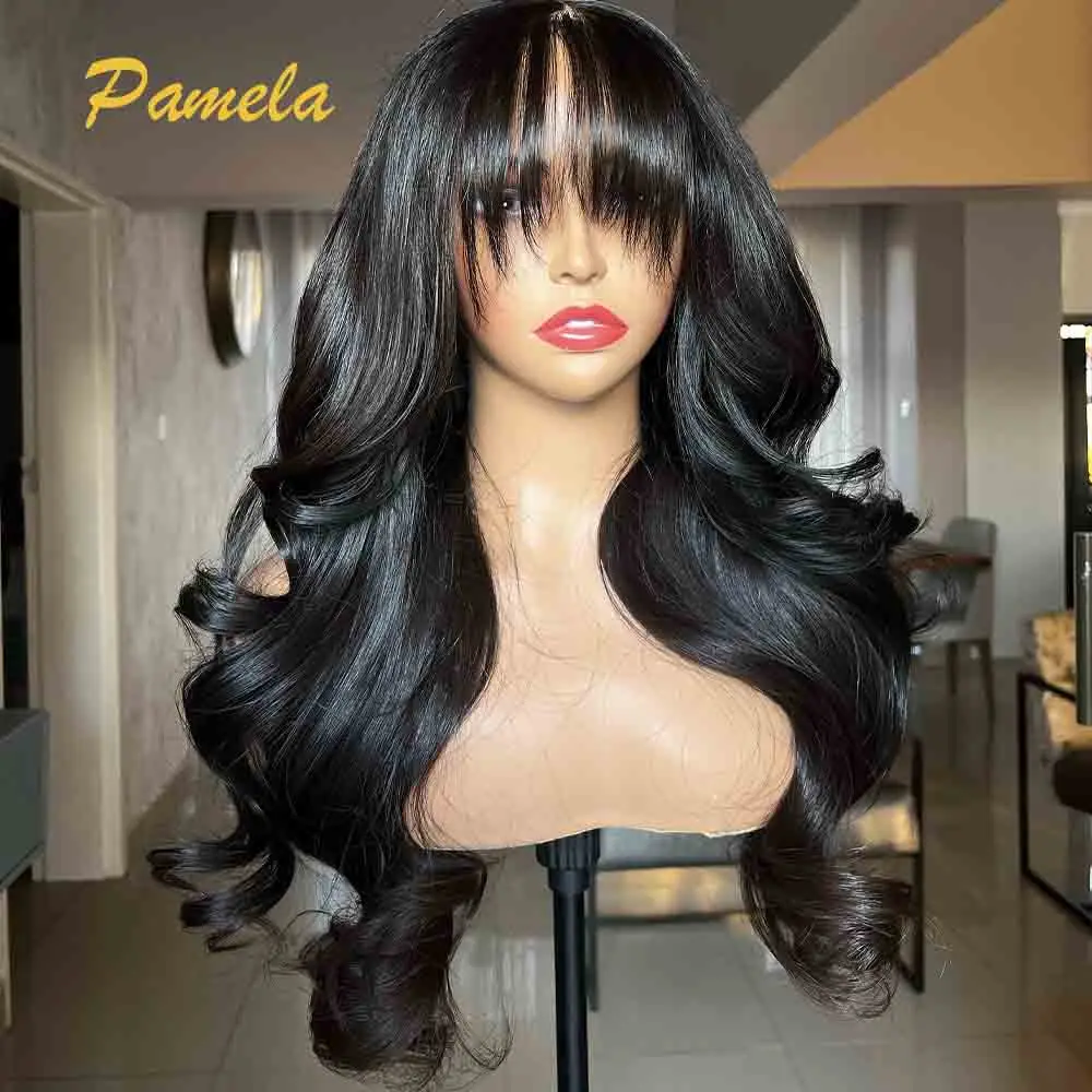 13x4 Transparent Lace Front Human Hair Glueless Wig Ready To Wear 250% Density Natural Color Body Wave With Bangs Lace Front Wig