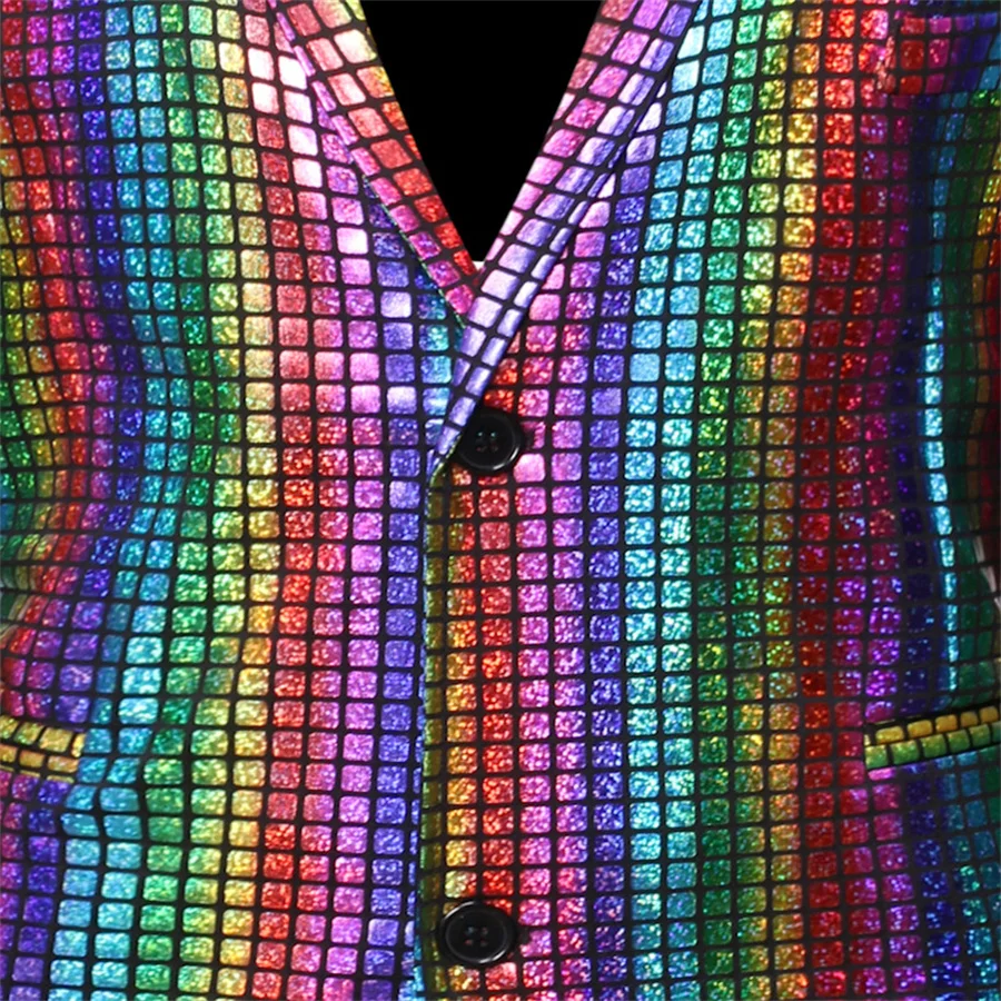 Mens Stage Prom Suits Rainbow Plaid Sequin Jacket and Pants Men