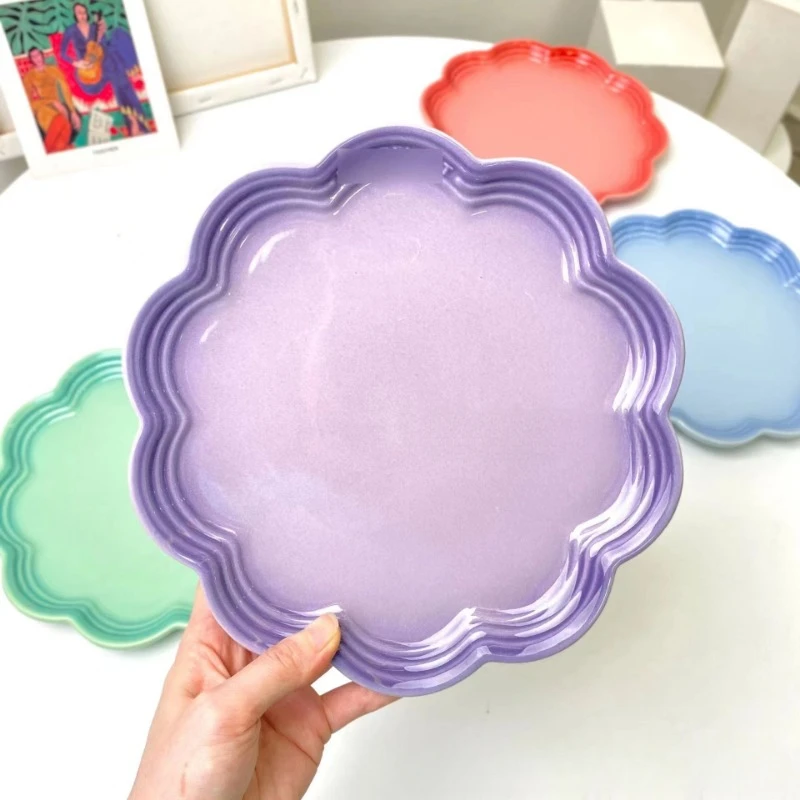 French Rainbow Lace Plate 22cm Stoneware Porcelain Skirt Plates Lace Fruit Dessert Macaron Ice Cream Serving Plates Tableware