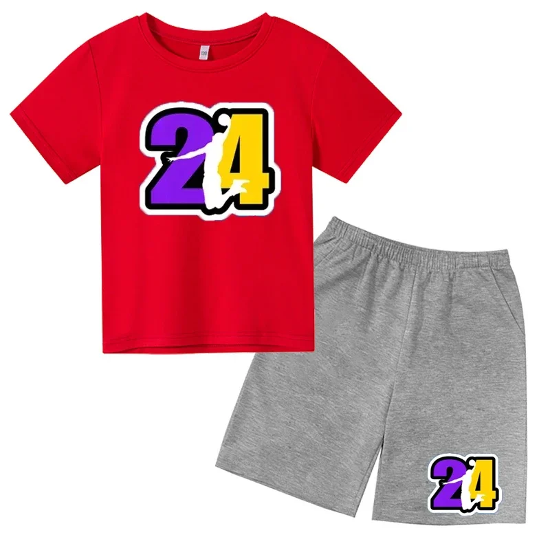 thumbnail image 1 of Conjunto de camiseta de cuello redondo de algodón para niños de verano con 24 mangas cortas y pantalones cortos casuales estampados para niños y niñas de 2 a 12 años, 1 of 5