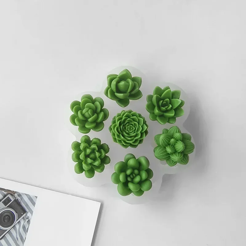 7pcs Succulent Flowers Candle 3D Cactus Lotus Rose Soap Plaster Crafts Chocolate Fudge Pastry Cake Silicone Mold