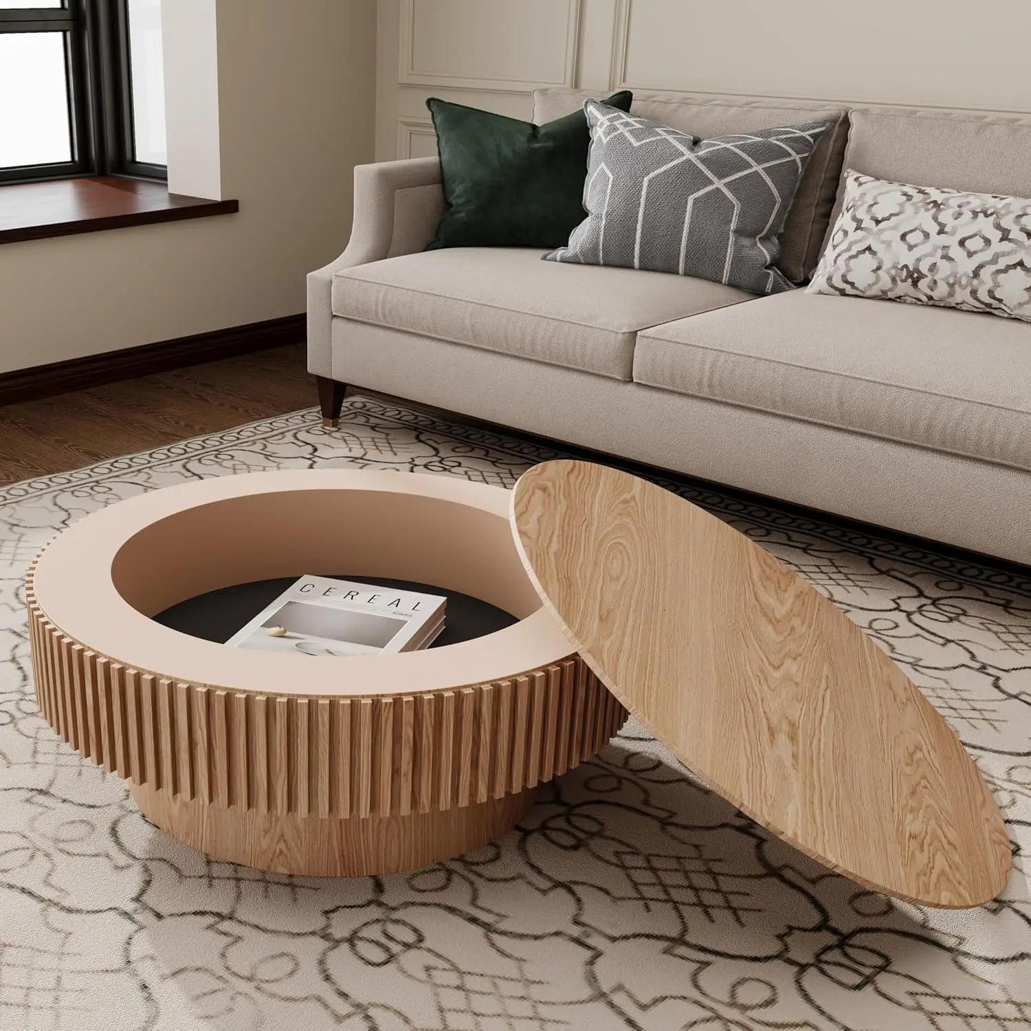 31.5''Round Coffee Table with Storage,Modern Luxury Circle Drum Center Tables with Solid Wood Veneered, Accent Side Coffee Table