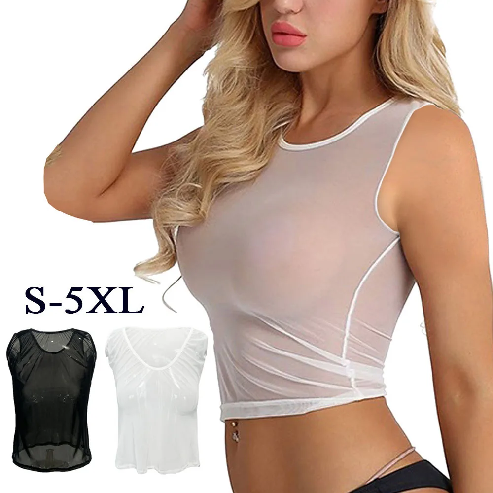

HOT Sexy Women See Through Mesh T-shirt Crop Tops Summer Transparent Round Neck Short Casual Tank Top Blouse Female Lingerie
