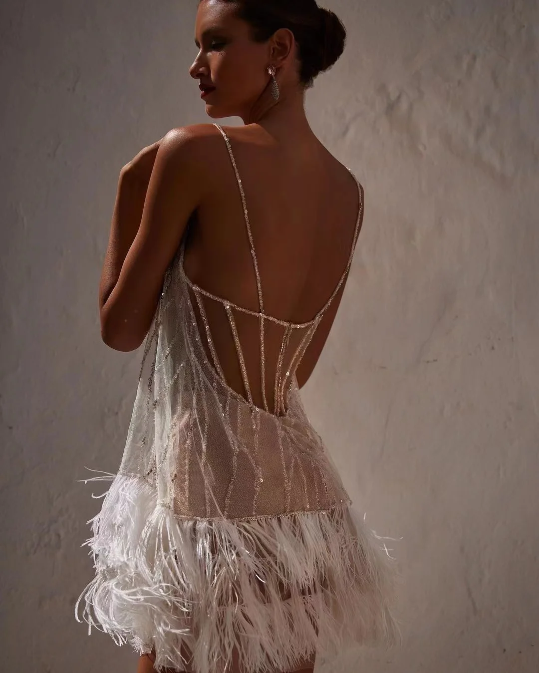 Fashionvane Luxury Feathers Mini Robes De Cocktail Dresses Spaghetti Straps Sexy Backless Club Night Party Short Prom Gowns