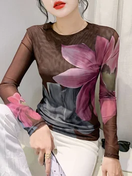S-4XL Autumn Winter Double-Layer Mesh T-shirt Female Printing Positioning Flower Long Sleeved Round Neck Slim Top FF0923 1