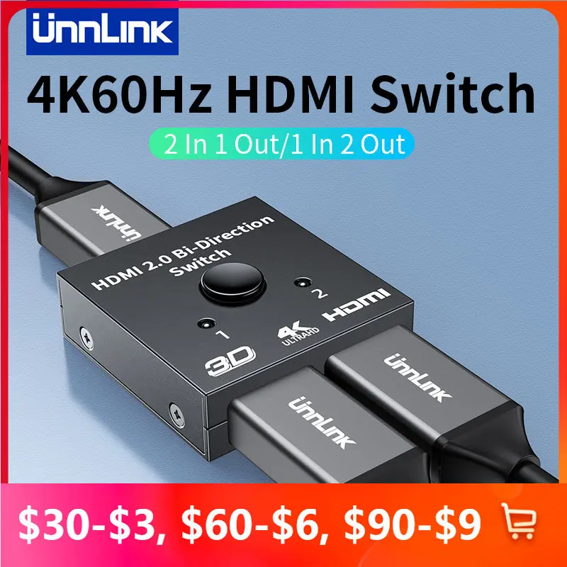 Unnlink 4k 60hz switch hdmi 2 porte 2 in 1 out splitter video per pc
