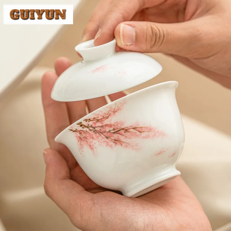 110ml Boutique Hand Drawn Cherry Blossom Gaiwan Ancient Tea Tureen Tea Bowl with Lid Kit Brewing Cover Bowl Cafes Ornaments