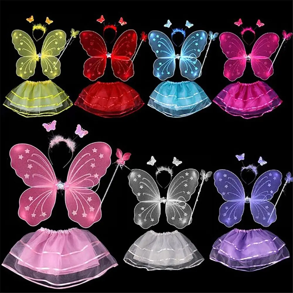 4Pcs Anime Cosplay Props Princess Dress Anime Cosplay Wings Kids Girls Fairy Princess Costume Sets Stage Wear Butterfly Wings Wand Headband Tutu Skirts