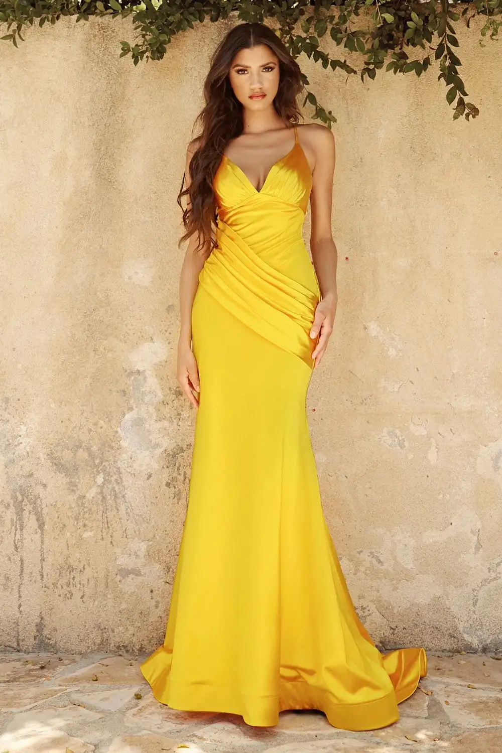 

Gold Satin Spaghetti Straps Evening Dresses Sparkly V-neck Backless Mermaid Floor-Length Cocktail Dress Elegant Party Gowns