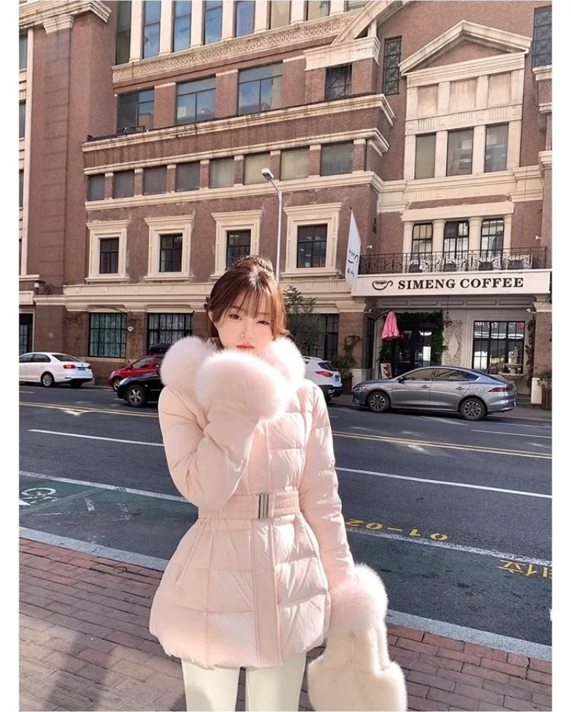 Chic Women's Cotton Padded Jackt with Large Fur Collar Waist-Cinching Mid-Length Parkas Korean Trendy Warm Commute Outerwear