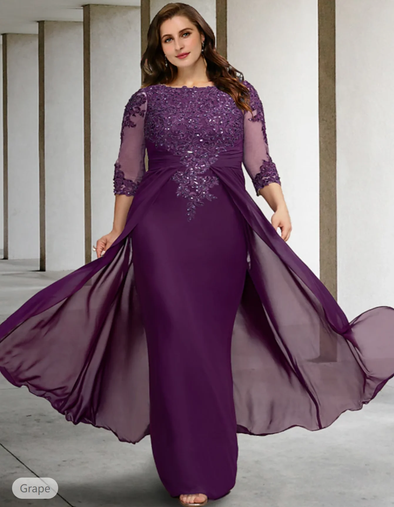 

Mother of the Bride Dresses Plus Size Formal Floor Length Half Sleeve Jewel Neck Chiffon with Ruched Beading Appliques 2024