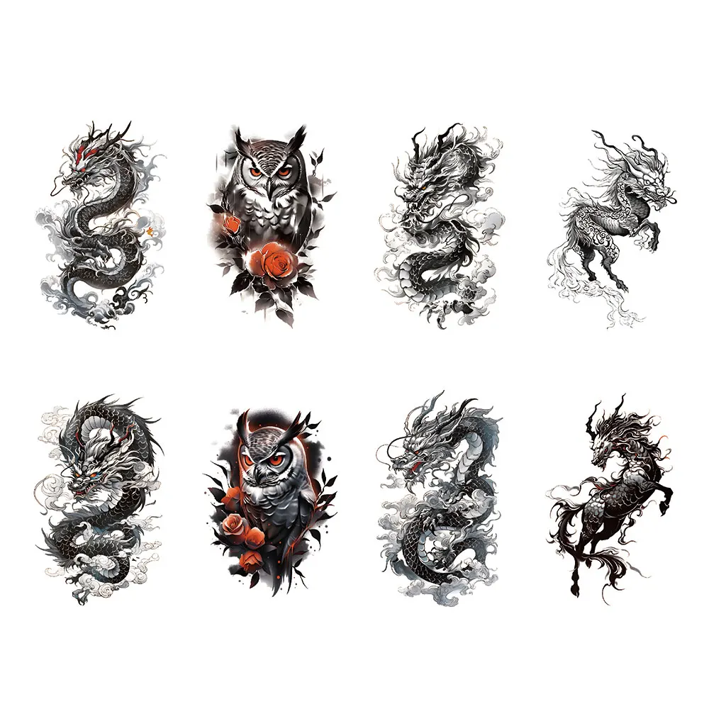 8pcs Waterproof Temporary Tattoo Sticker Flying Dragon Owl Rose Flowers Dark Animal Body Art Arm Fake Tattoos Sleeve Women Men 4