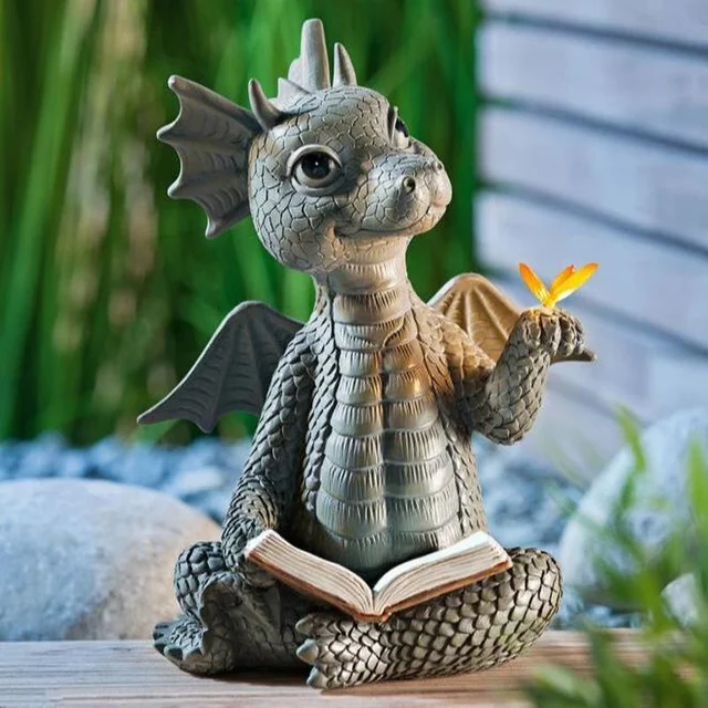 Aranyos Kis Sárkány Dinoszaurusz Meditációs Olvasó Könyv Szobrászat Figurák Kerti Dekoráció Gyanta Dísz Kültéri - Image 4