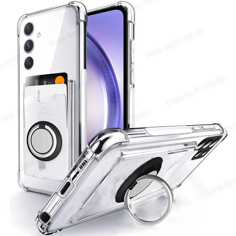 Transparent Phone Case with Wallet Card Slot and Ring Stand Holder - Soft Silicone Back Cover