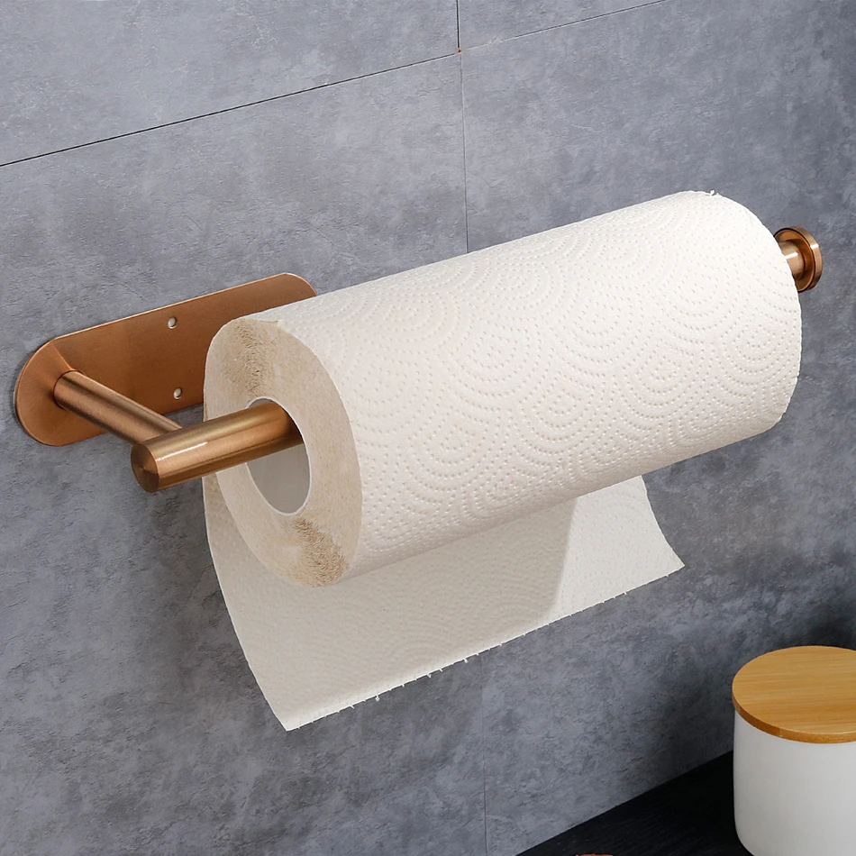 Paper Holder Rose Gold Adhesive 304 Stainless Steel Punching-free Toilet Paper Roll Shelf Kitchen Bathroom Tissue Hanging