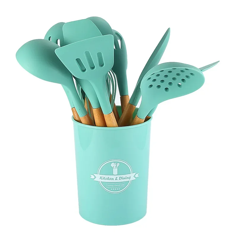 Nordic Pink Wood Handle Silicone Kitchen Utensil Set Combination Storage Bucket Soup Spoon 9 Piece Set 11 Piece 12