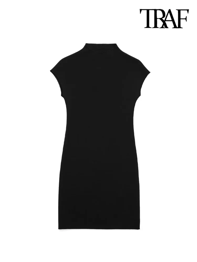 TRAF Women Fashion Stretch Knit Mini Dress Vintage High Neck Sleeveless Female Dresses Vestidos Mujer 5
