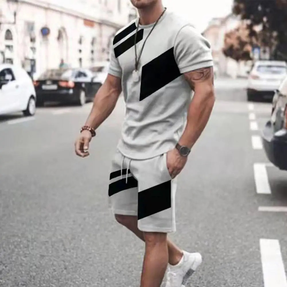 

Breathable Short-sleeve Top Shorts Set Men's Summer Sport Suit Set with O-neck T-shirt Elastic Drawstring Waist Shorts for Men