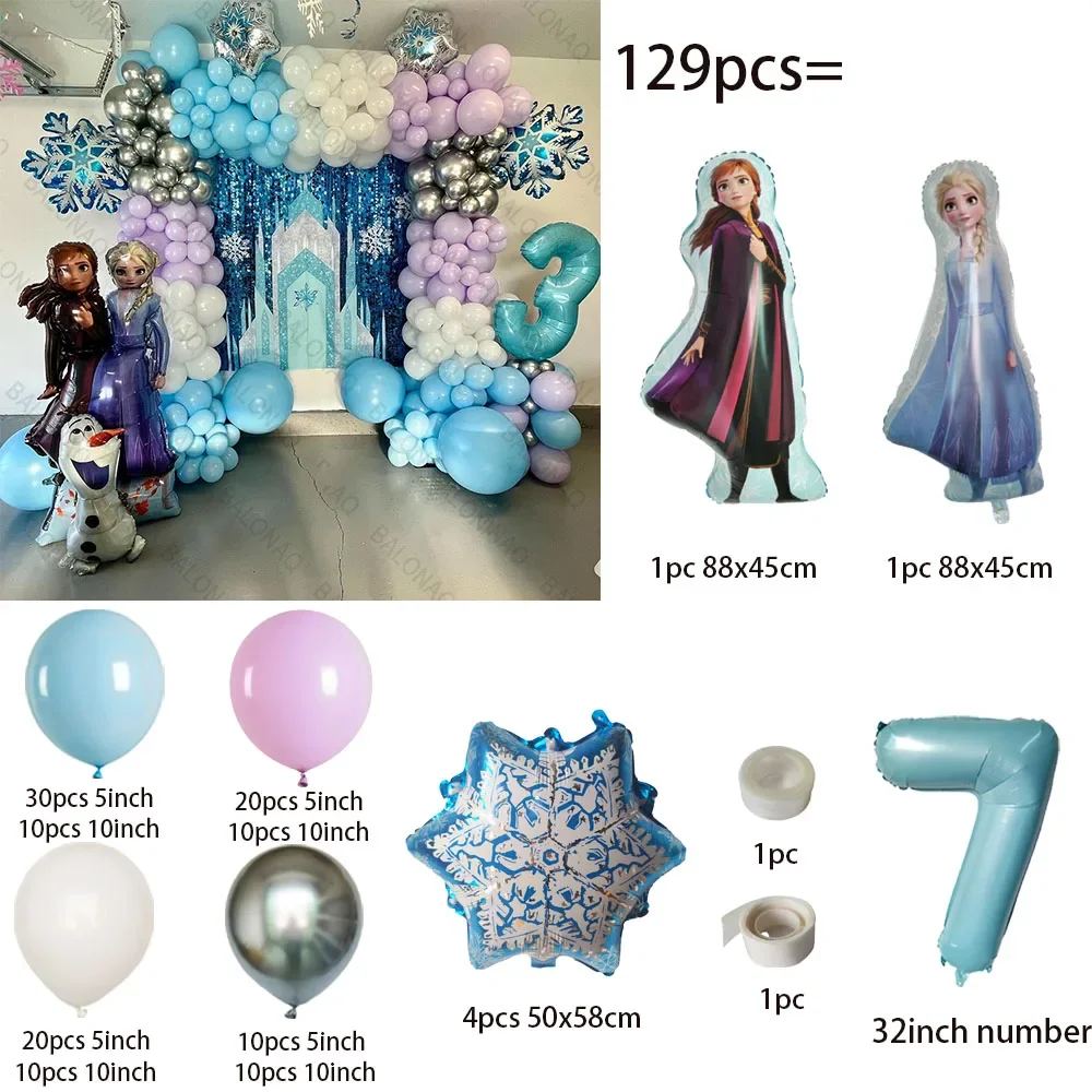 thumbnail image 1 of Juego de 129 globos de aluminio de Frozen con temática de dibujos animados de Elsa y Anna para decorar fiestas de cumpleaños de niñas, baby shower, suministros para fiestas de bodas, 1 of 5