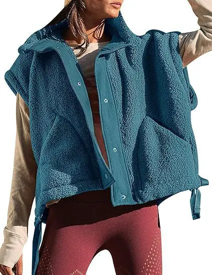 

Autumn and Winter New Women's Imitation Wool Vest Casual Sleeveless Jacket with Buckle Vest Jacket and Pocket