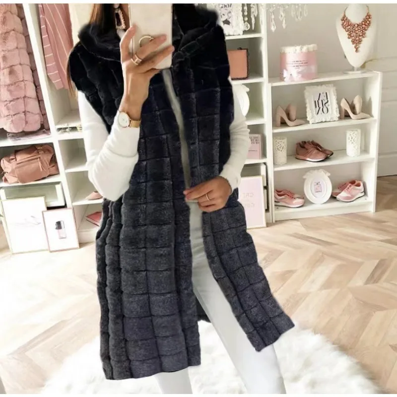 2023 New Autumn Winter Faux Fur Vest Women Sleeveless Jacket Fur Waistcoat Hooded Cardigan Luxury Long Vest Thick Warm Windproof
