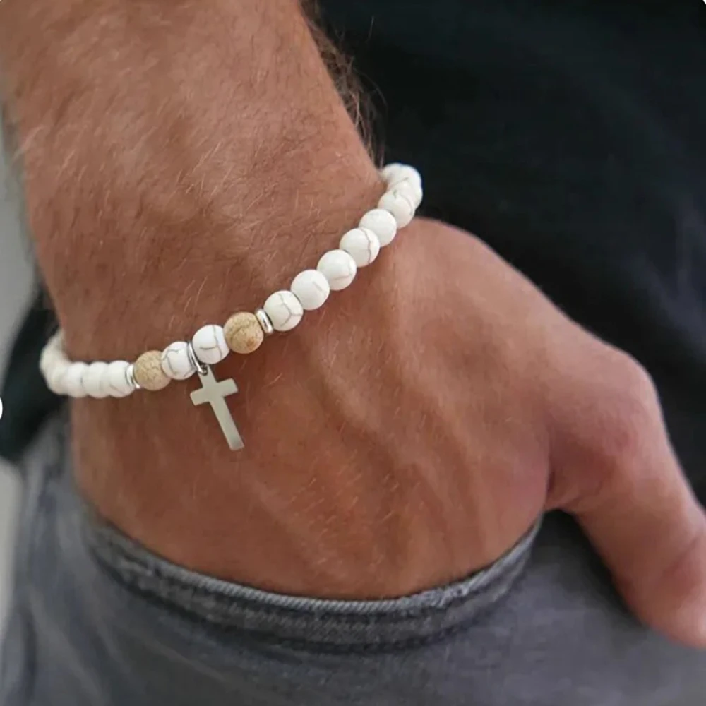 Men White Howlite Lava Stone Beaded Bracelet