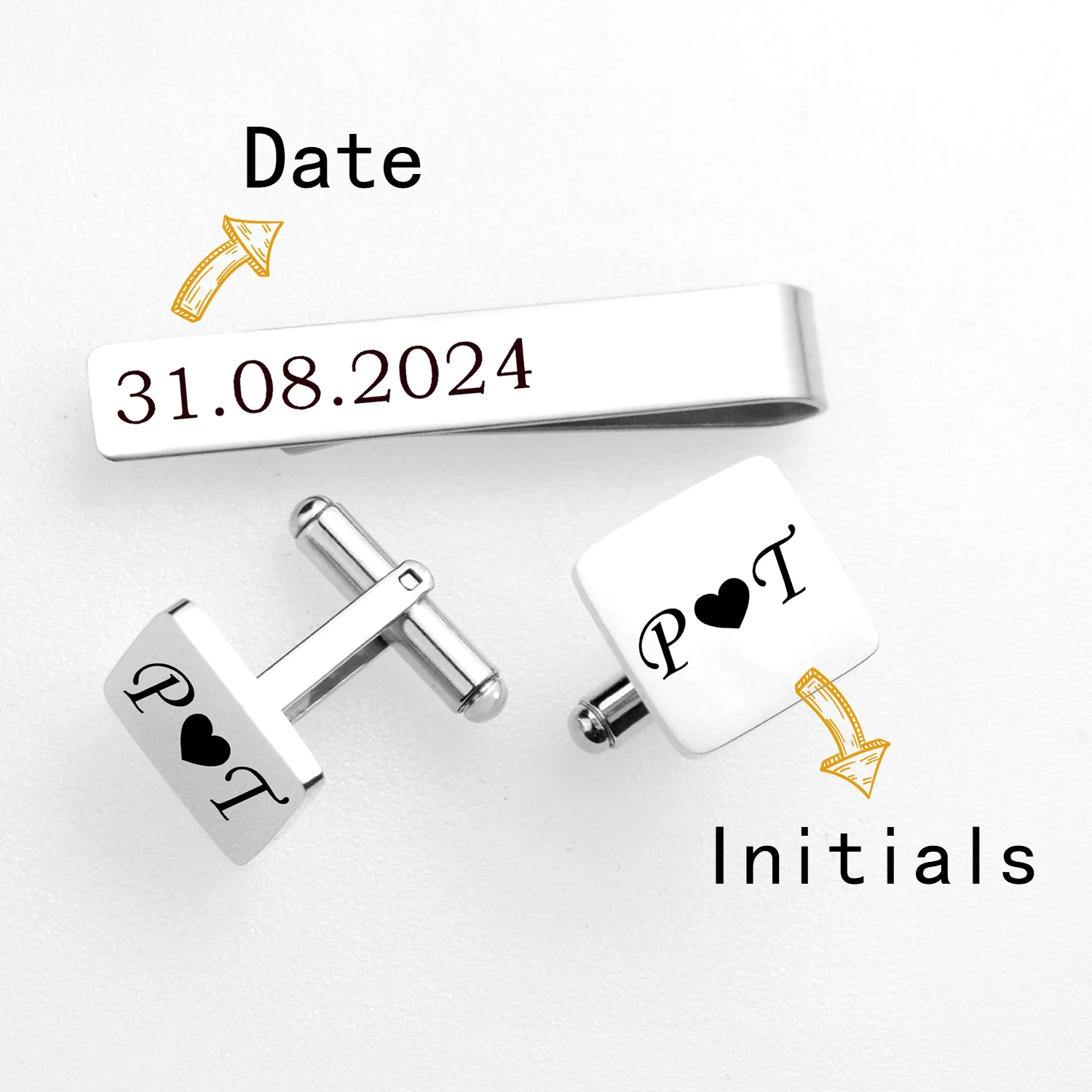 Personalisiertes Hochzeits-Manschettenknöpfe- und Krawattenklammer-Set für den Trauzeuge des Bräutigams – individueller Name/Datums graviertes, elegantes Geschenk für den Jahrestag – Detail 7