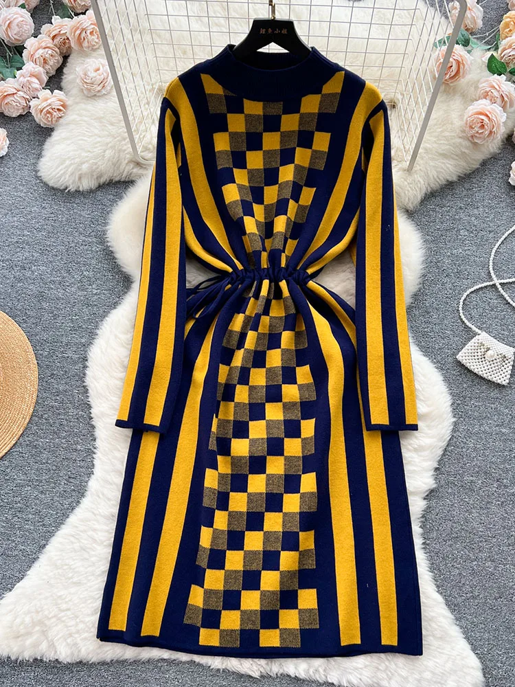 

Women Autumn Dress 2023 New Design Sense Contrast Checkerboard Drawstring Waist Waist Slim Long Sleeve Knitted Dress D5026
