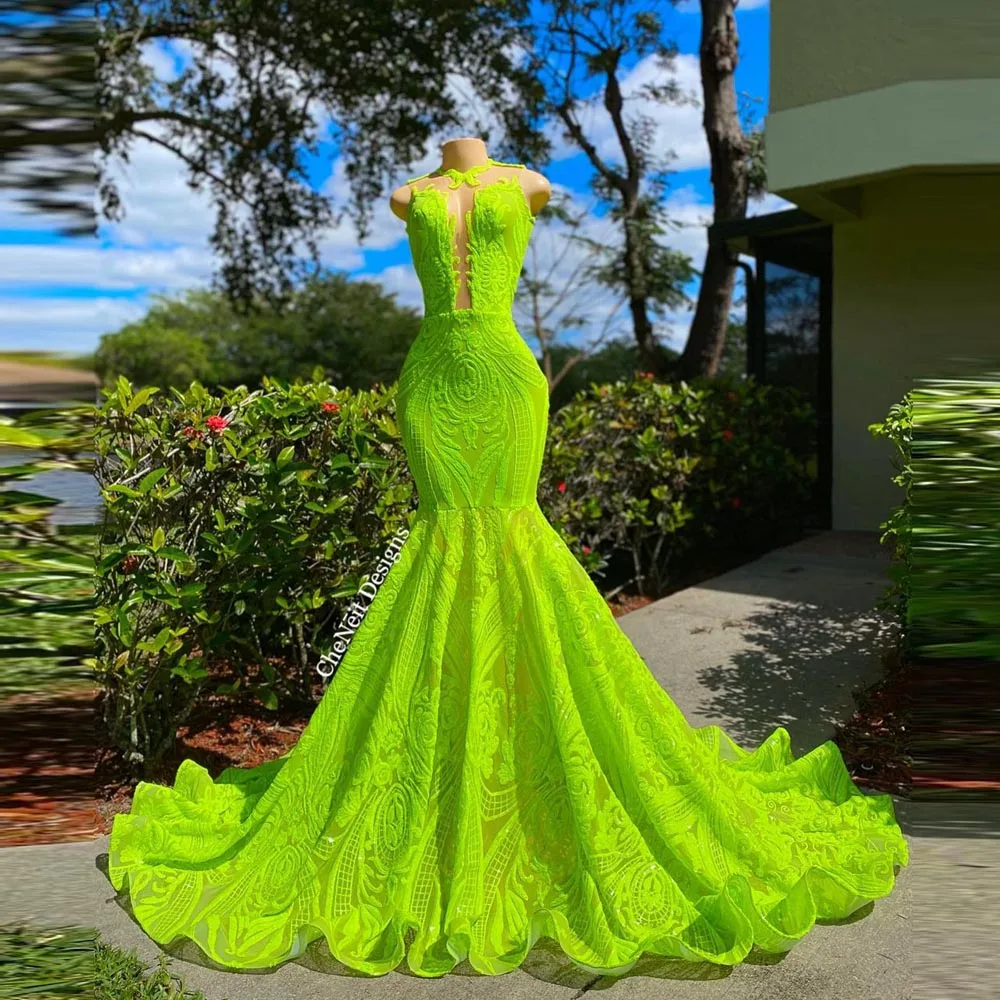 HZWL Neon Green Long Prom Dresses 2023 Sexy Mermaid Style Sheer Neckline Black Girl Prom Gala Party Gowns