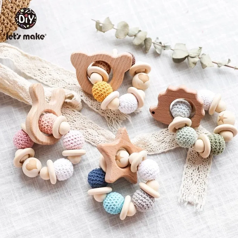 

Bead Baby Teether Wooden Toys For Baby Rattle 1PC Wooden Teether Hedgehog Crochet Beads Wood Crafts Ring Engraved Baby Gift