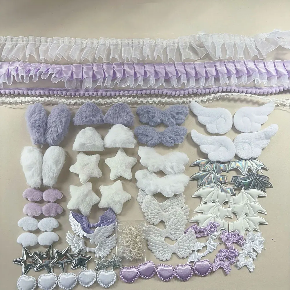 Pink Lace Plush DIY Accessory Set with Wings, Bows, and Hearts