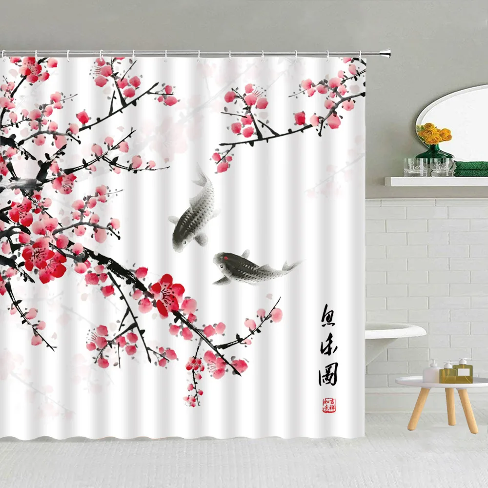 

Японская занавеска для душа, традиционная чернильная картина, цветок вишни, цветение персика, кои, птица, черная кошка, красное солнце, украшение для ванной комнаты