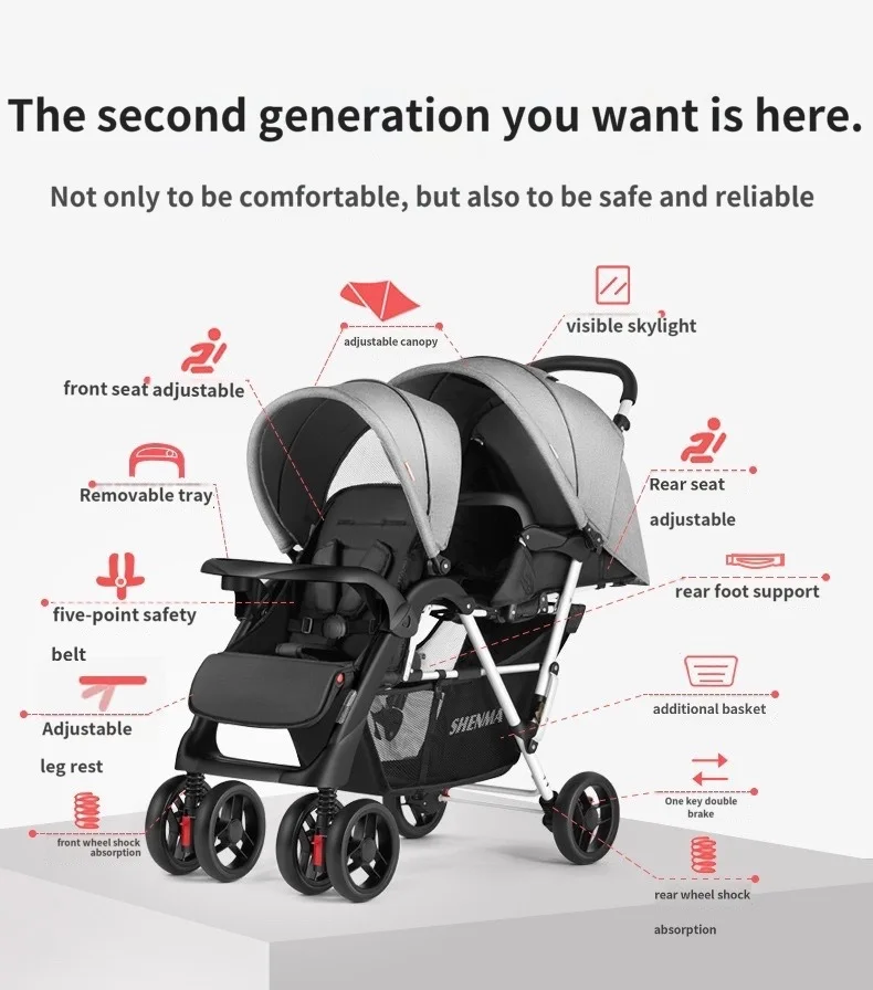 Lightweight Folding Double Two-seater Strollers for Front and Rear Baby Trolley for Reclining Twin Strollers Newborn Prams
