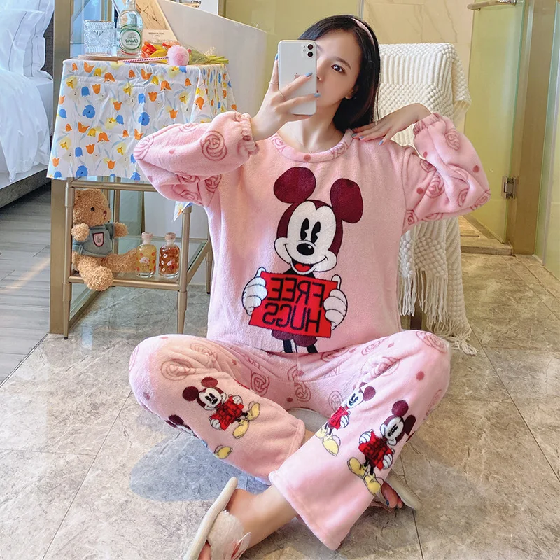 

Disney Mickey Minnie Pajamas Winter Women's Flannel Pajamas Cartoon Cute Warm Comfortable Long Sleeve Trousers Homewear