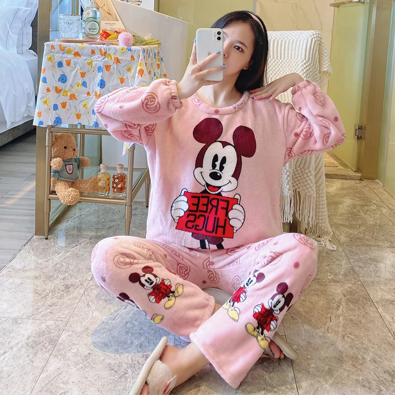 Disney Mickey Minnie pigiama invernale pigiama di flanella da donna Cartoon  Cute Warm comodo pantaloni a maniche lunghe Homewear - AliExpress