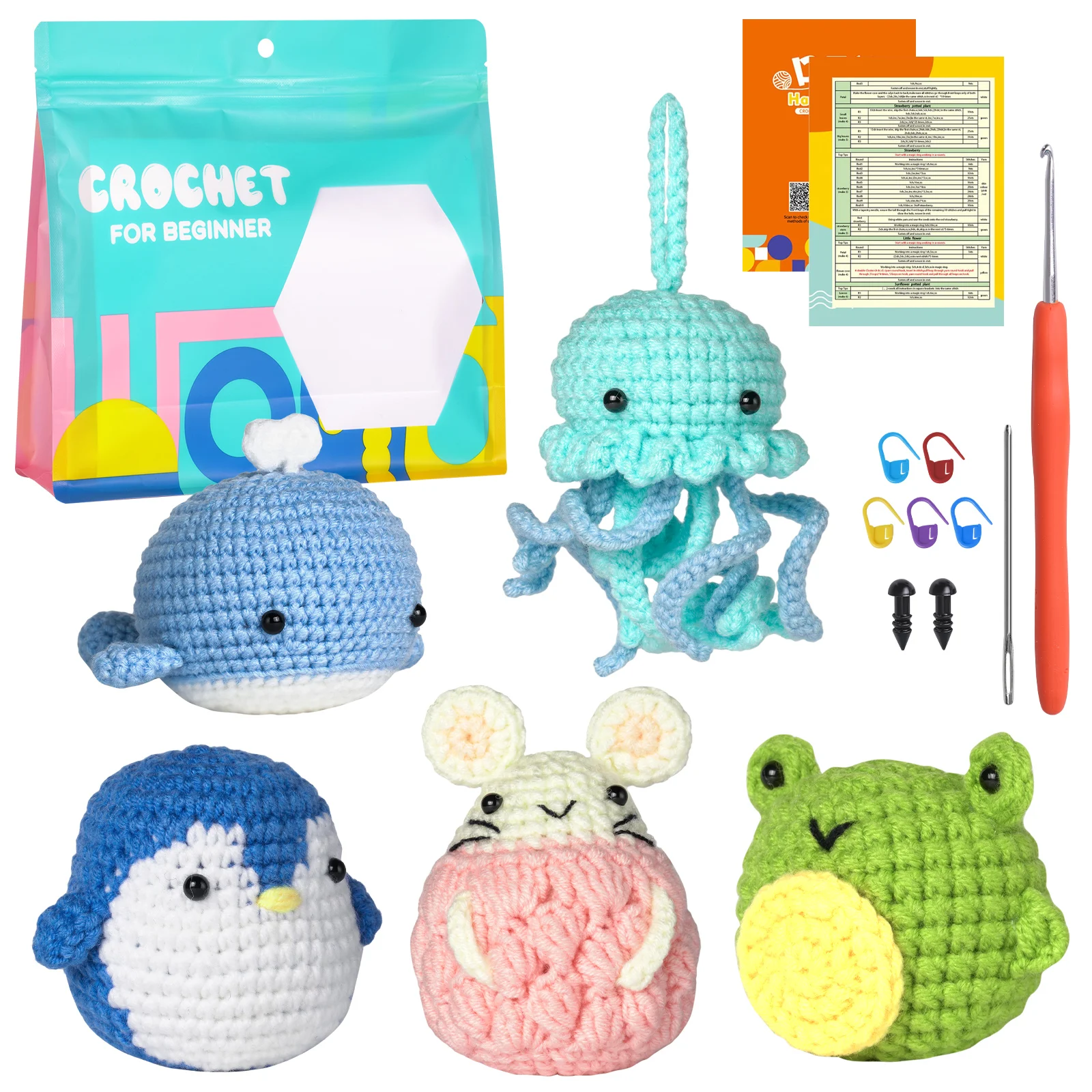 Set Beginner Crochet Starter Kit Handmade DIY Crochet Animal Kit Frog Penguin Crocheting Knitting for Adults And Kids