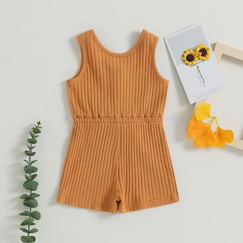 Summer Baby Girl Outfit Ribbed Tank Top Infant Baby Jumpsuit Button Down Toddler Girl Rompers Clothing 0-5T 6