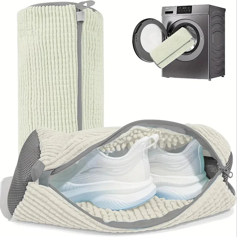 1Pc Fluffy Fiber 360 &deg; Surround Cleaning Shoe Washing Bag Reusable Durable Machine-Washable Laundry Bag with Zipper Closure