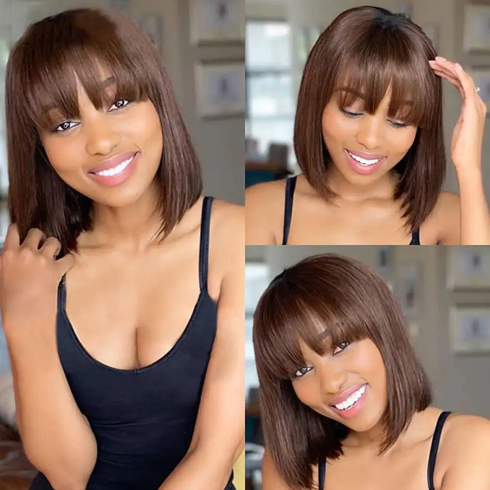 Straight Bob Human Hair Wigs With Bangs Short Brazilian 150density For Woman No Lace Full Machine Made human hair wigs