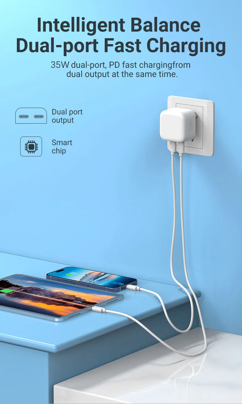For Apple Original PD 35W Dual Type C Charger For iPhone 17 Air 13 12 11 14 15 16 Pro Max Plus iPad Charger Fast Charging Cable