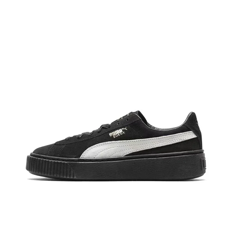 PUMA Suede Platform - Zapatillas de caña baja de dos capas de piel de vacuno con diseño de bizcocho, color negro, versión simplificada