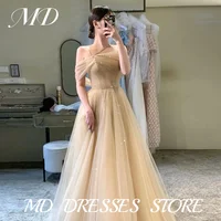 MD Fairy Khaki Tulle A-line Wedding Party Dress Off Shoulder Pleat Korea Photoshoot Floor Length Customised 2025 Host Dress 1