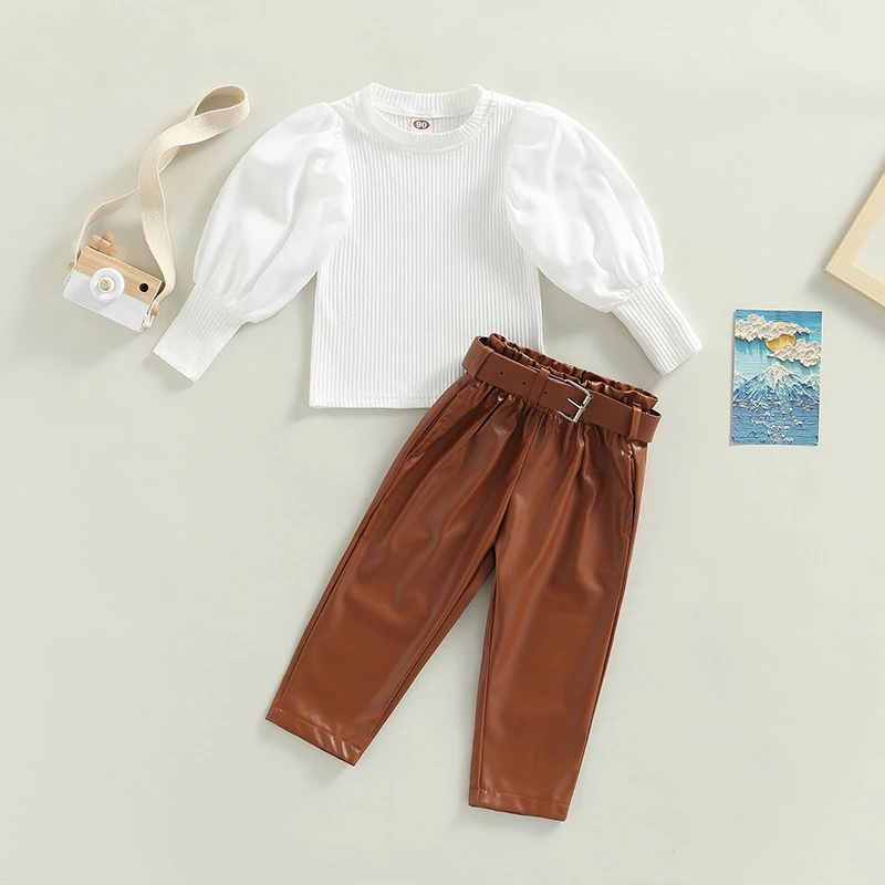 1-6Y Kids Girls Autumn Clothes Sets Baby Puff Long Sleeve Ribbed Tops + PU Leather Long Pants + Belts Children Outfits