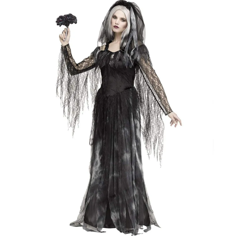 Costume Mariée Fantôme Halloween Femme - Robe Gothique Noire Avec Cape - Déguisement Sorcière Vampire Zombie