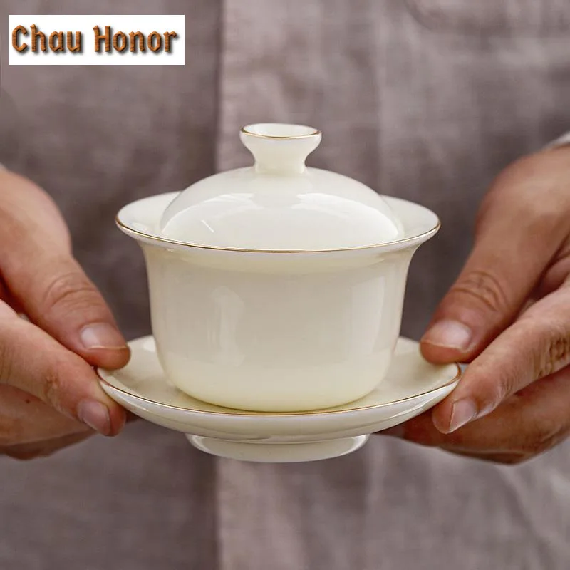 175ml White Porcelain Painted Gold Covered Bowl Handmade Ceramic Tea Cup Large Tea Making Sancai Covered Bowl Kung Fu Tea Bowl